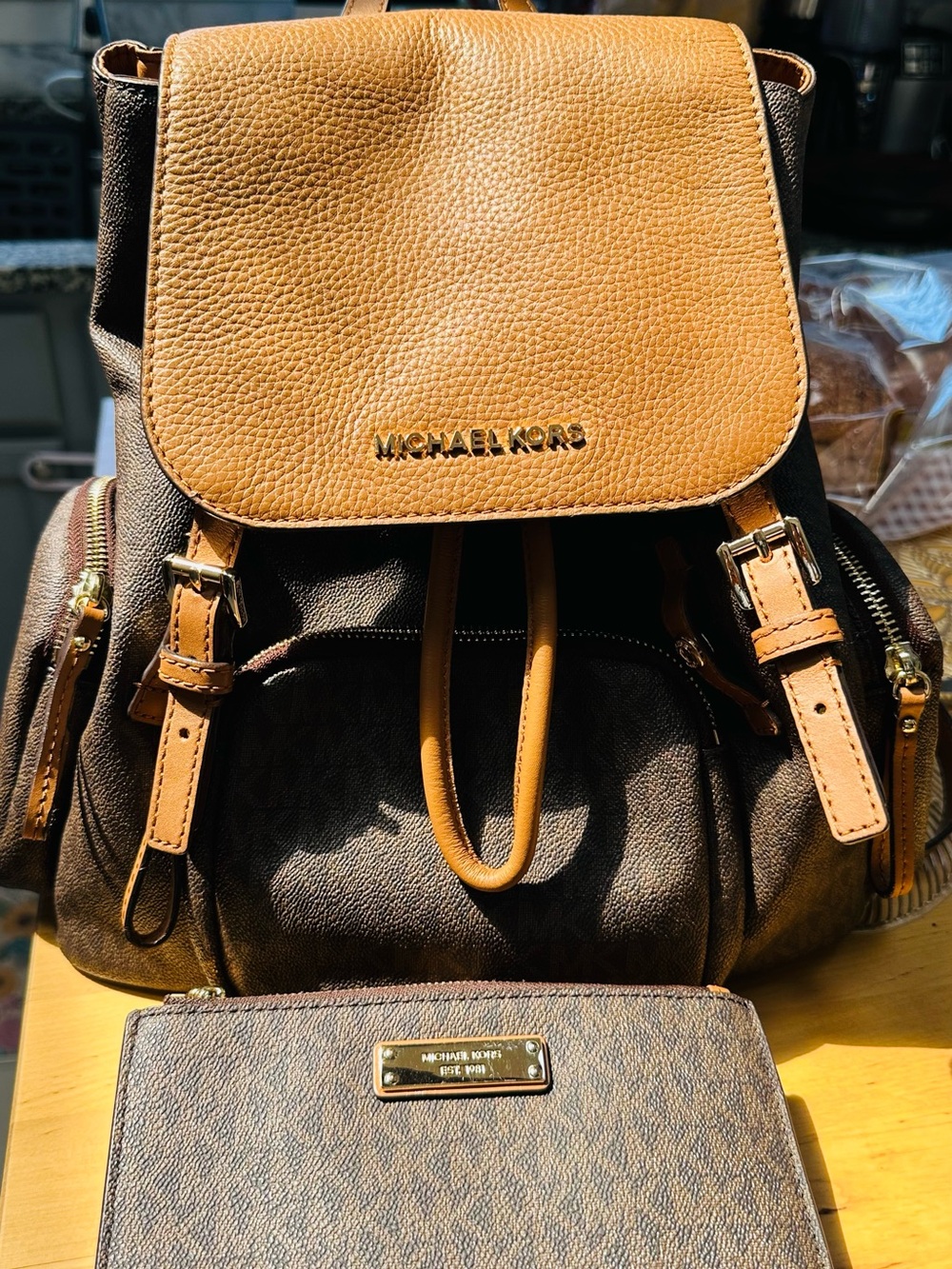 Michael Kors Two-Tone Brown & Tan Leather Backpack with matching wallet